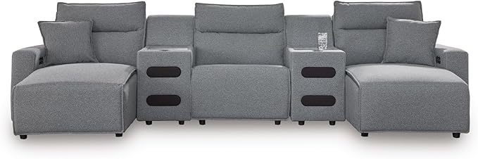 Signature Design by Ashley Modern ModMax II Stain Resistant U-Shape Symmetrical 5-Piece Power Reclining Sectional with Chaise, Built-in Audio Console and Adjustable Headrest, Gray