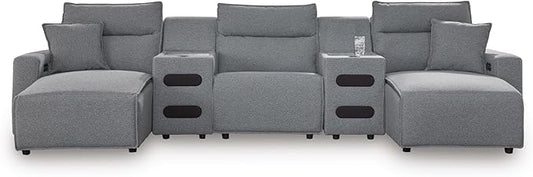 Signature Design by Ashley Modern ModMax II Stain Resistant U-Shape Symmetrical 5-Piece Power Reclining Sectional with Chaise, Built-in Audio Console and Adjustable Headrest, Gray
