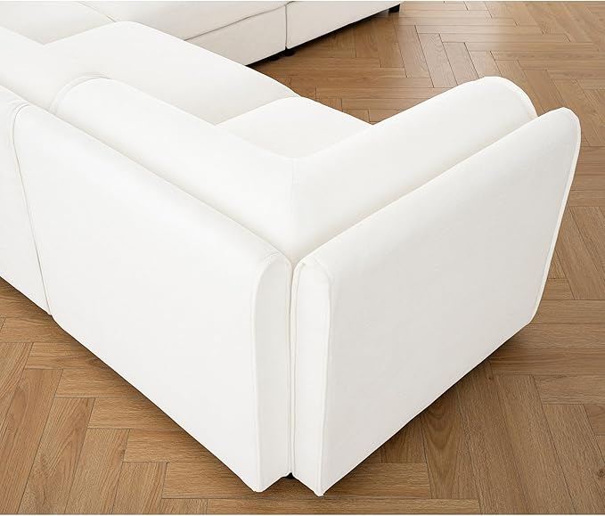 KEIKI 109" L-Shaped Modular Chenille Sectional Sofa with Storage Seat, 1 Ottoman, Modern Style 3-Seater Couch with Cylindrical Backrest and Armrests, Easy Assembly, for Apartment, Living Room, White