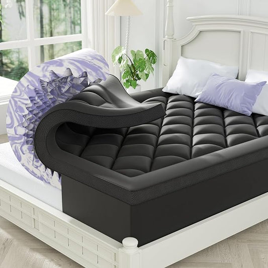 ChiXpace Dual Layer 4 Inch Memory Foam Mattress Topper King - 2 Inch Gel Memory Foam and 2 Inch Pillow Top Mattress Pad, 7-Zone Egg Crate King Size Mattress Topper (Black-White)