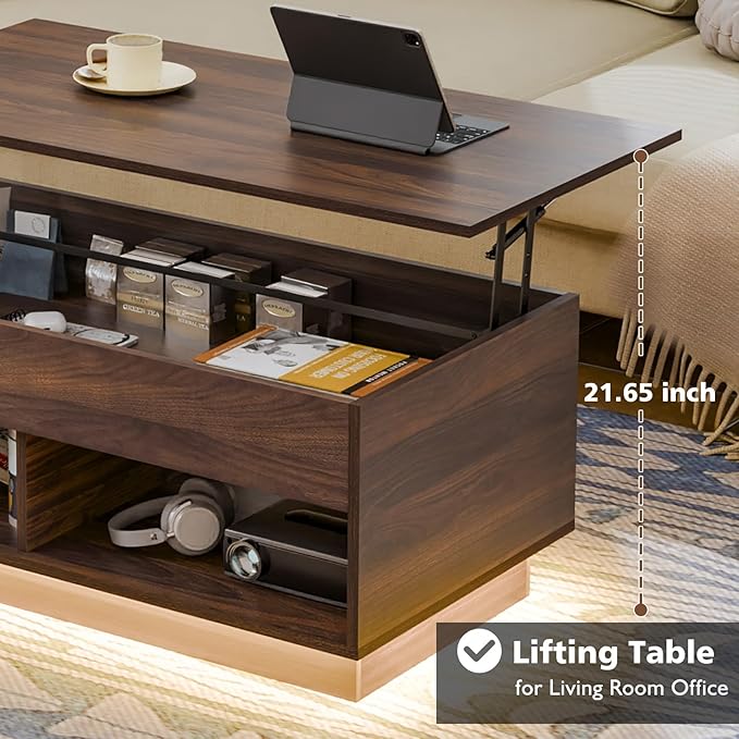 HOMMPA Lift Top Coffee Table with LED Light, Modern Center Table for Living Room, 3 Tiers Tea Table with Storage,Small Apartment Furniture with Hidden Compartment & 2 Open Shelves, Walnut
