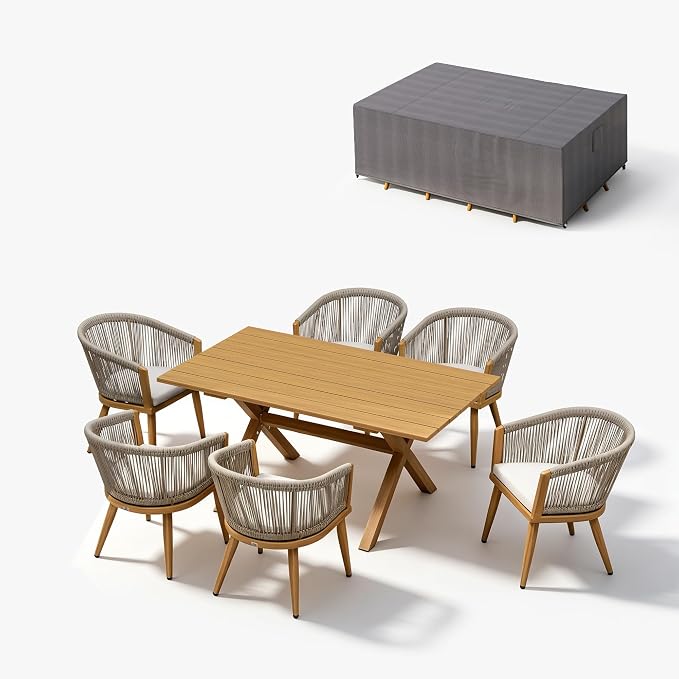 PURPLE LEAF Outdoor Dining Set with Waterproof Furniture Cover 7-Piece All-Weather Patio Set for 6 with Woodgrain Aluminum Table Rope Weave Chairs and Cushions, Teak by PURPLELEAF