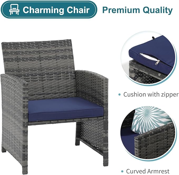 OC Orange-Casual 5 Piece Patio Furniture Set, Wicker Outdoor Conversation Chair and Ottoman Set with Coffee Table, Pillows Included, for Balcony, Porch, Deck, Navy Blue