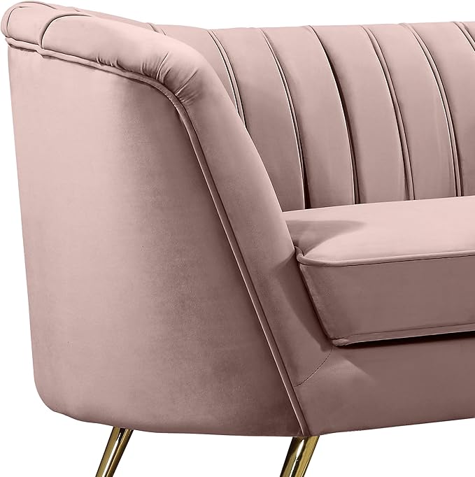 Meridian Furniture Margo Collection Modern | Contemporary Velvet Upholstered Sofa with Deep Channel Tufting and Rich Gold Stainless Steel Legs, Pink, 88" W x 30" D x 33" H