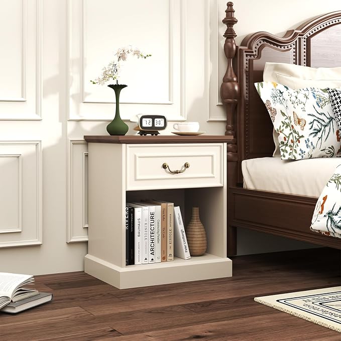 Nightstand Set of 2 with Drawer and Open Shelf, Wooden Bed Side Table for Bedroom, Modern End Table Side Table for Living Room, Small Night Stand Set 2 Furniture for Small Spaces (Beige) - Image 2
