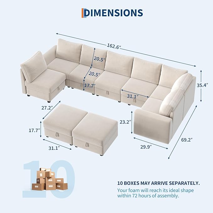 Sectional Couches for Living Room, Cloud Couch Sectional with Large Storage, l-Shape Modular Sectional Sofa with Ottoman (Beige 9-Seater)