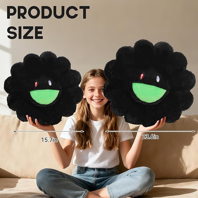 Flower Pillow,Flower Shaped Throw Pillow,Cute Smiley Face Floor Cushions,Colorful Sunflower Plush Pillows,Cute Plushie Room Decor,Mothers Day Decorative Pillows for Bedroom,Sofa,Dorm (Black,23.6In)