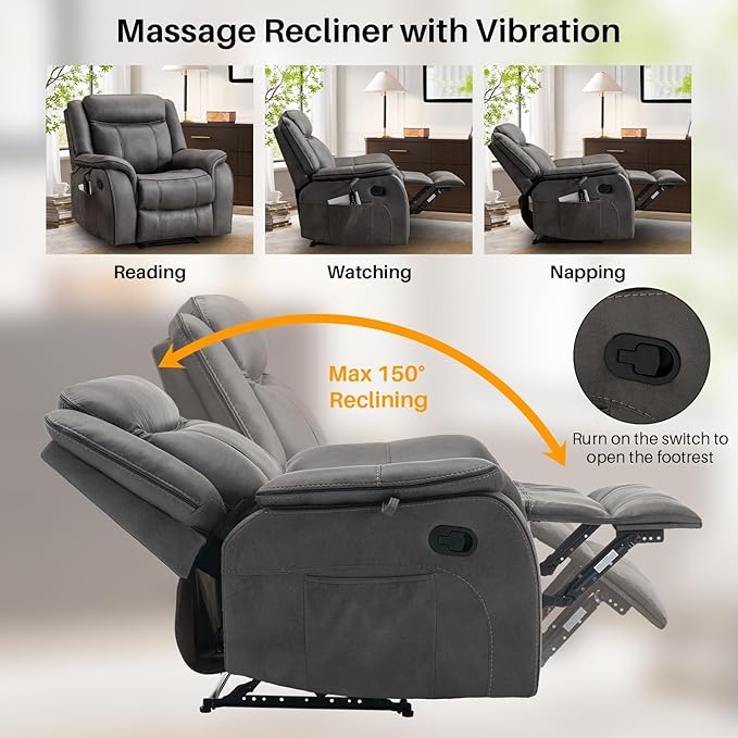 Massage Recliner Chair with Heat, Faux Leather Recliner Chairs for Adults, 39" Wide Manual Reclining Ergonomic Lounge Chair, Overstuffed Wall Hugger Recliners for Living Room, Grey