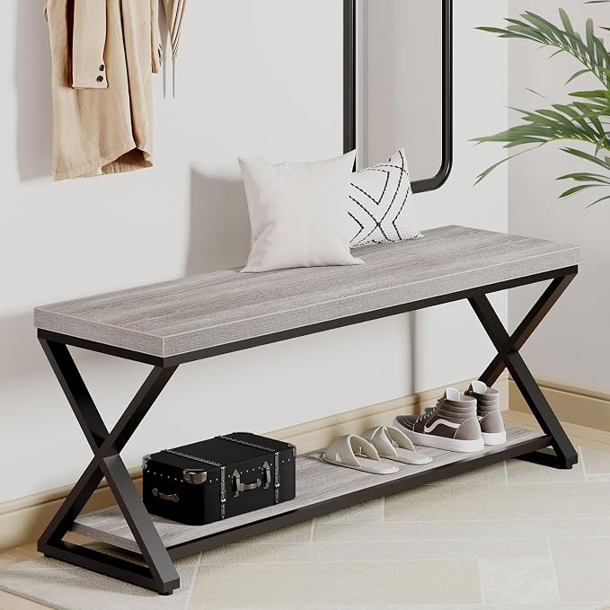 IBF Industrial Wood Entryway Bench, Indoor Farmhouse Hallway Accent Entry Bench for Seating Sitting with Storage, Metal Shoe Rack Grey Bench Organizer in Foyer Bedroom, Light Grey Oak, 47 Inch Long - Image 3