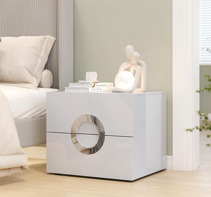 Modern Nightstand with 2 Drawers,Grey Night Stands with Circular Handle Design,Wood Bed Side Tables Bedroom,High-Gloss Side End Table for Bedroom, Living Room, and Small Spaces,Easy Assembly - Image 7