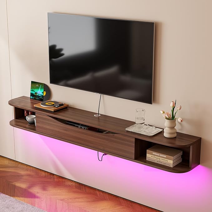 FurniNova Floating TV Stand,55'' Wall Mounted TV Cabinet,Floating TV Console,Under TV Shelf with 1 Door and 2 Cabinets for TVs up to 65''(Walnut) by Furninova