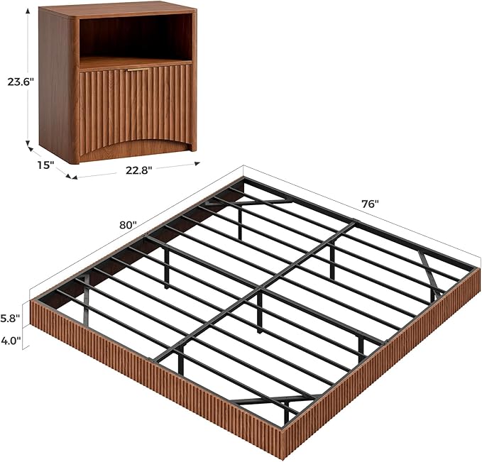 Evermagin Bedroom Furniture Set-Bed with 2 Nightstands, Mid Century Modern Bedroom Set, Floating Bed Frame Led Lights, Fluted Floating Room Furnitures, 3-Piece Room Set (Wal, King)
