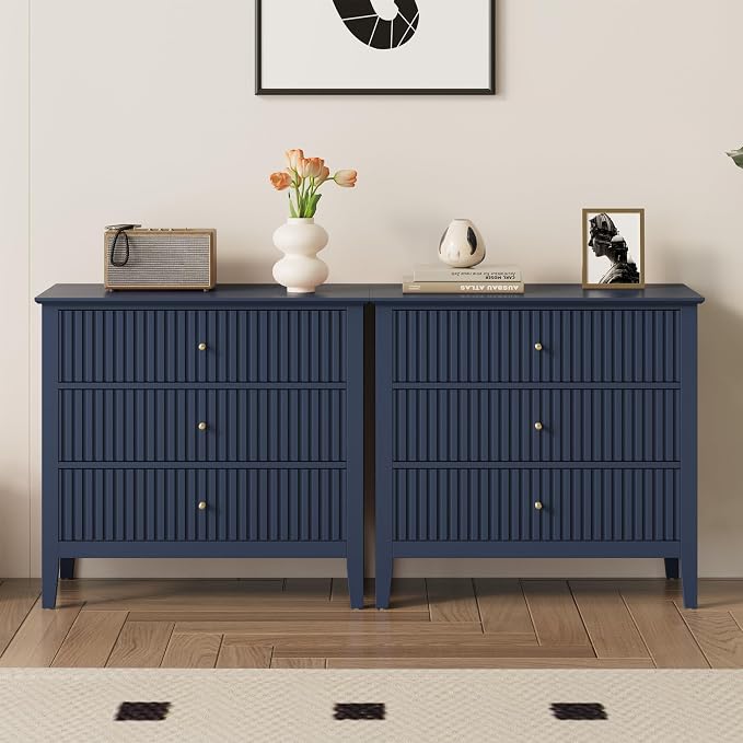 May in Color Large Blue Fluted 3 Drawer Dresser Set of 2, Chest of Drawers with Ball Bearing Slide Modern 30 inch Tall Wood Nightstand with Spacious Storage for Bedroom Hallway Living Room Entryway by MayinColor