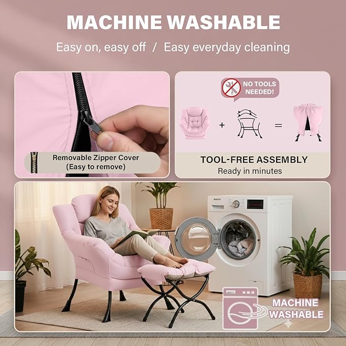 Cozy Lazy Chair with Ottoman, Large Contemporary Accent Peach Pink Chair Set, Leisure Upholstered Reading Armchair for Office, Bedroom, Living Room, Dorm Rooms, Balcony