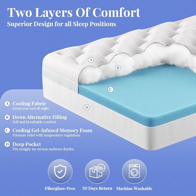 OhGeni Cooling 4 inch Dual Layer Twin XL Mattress Topper 2 Pack for College Dorm Room Essentials, 2 inch Gel Memory Foam, 2 inch Down Alternative Pillow Top Pad, Mattresses Cover for Bed, Deep Pocket