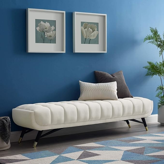 Modway Adept Mid-Century Modern Velvet Upholstered Tufted Accent Bench in Ivory