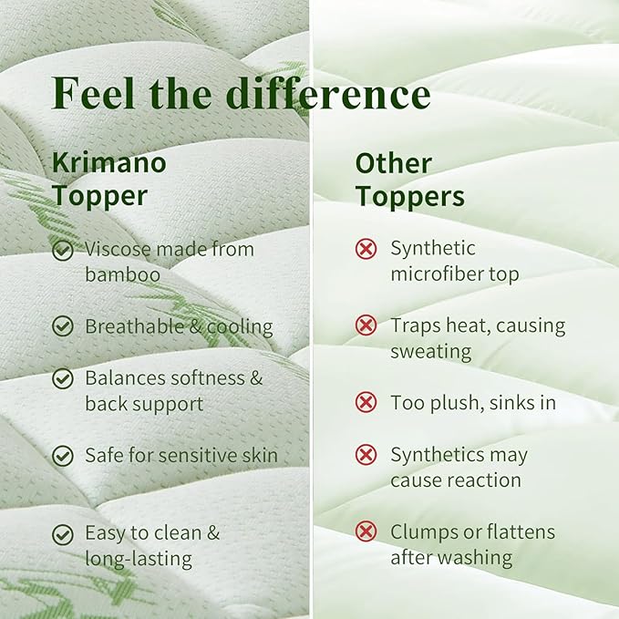 Queen Mattress Topper, Viscose Derived from Bamboo Thick Pillow Top Mattress Pad with Deep Pocket, Naturally Cooling for Hot Sleepers, Soft for Back Pain Relief, Premium Green