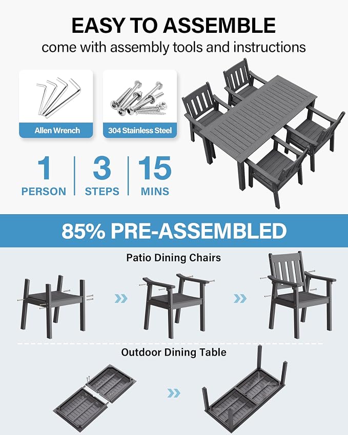 YEFU HIPS Patio Table Set: 5 Piece Outdoor Table and Chairs Dining Furniture Set with Umbrella Hole - Gray Modern Plastic Dining Sets 4 Person for Outside Deck with Metal Aluminum Frame - Image 2