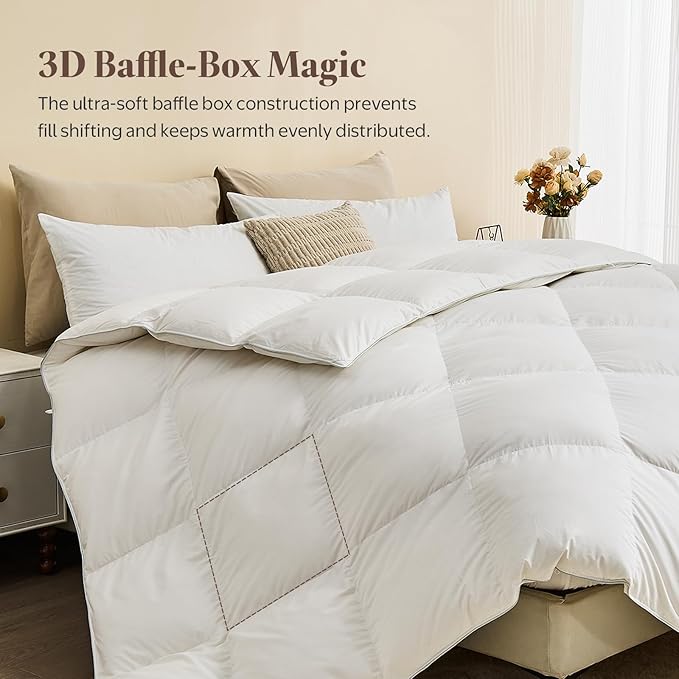 Luxury Goose Down Feather Fiber Comforter Twin Size - Ultra-Soft Egyptian Cotton Blend Cover, Fluffy High Fill-Power All Season Hotel Duvet Insert(68x90 inch, White)