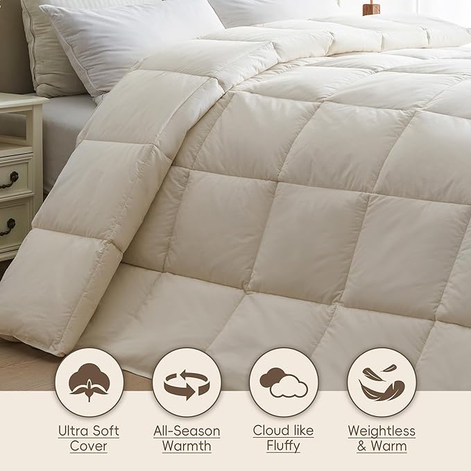 puredown® Goose Feather Down Fiber Comforter King Size - 100% Organic Cotton Cover All Season Duvet Insert, Breathable Fluffy Warmth Hotel Luxury Bedding Comforter (104"x90")
