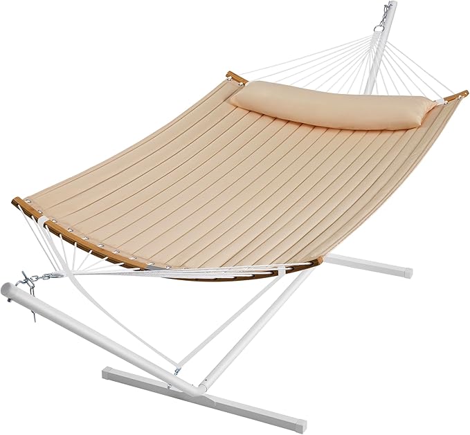 SUPERJARE Hammock with Stand, 2 Person Heavy Duty Hammock with Padded Cotton, Detachable Pillow & Strong Curved-Bar & Portable Carrying Bag, Perfect for Outdoor & Indoor, Beige by SUPERJARE