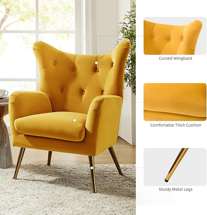 HULALA HOME Velvet Accent Chair, Modern Wingback Arm Chair with Metal Gold Legs, Velvet Tufted Upholstered Single Sofa Chair for Living Room Bedroom (Mustard)