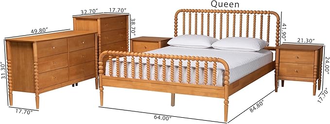 Baxton Studio Lucera Bobbin Wood Bedroom Set, 5-Piece, Queen, Oak Brown