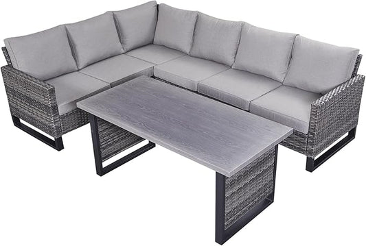 Belord Outdoor Sectional Sofa 6 Seater L Shaped Couch Wicker Patio Conversation Furniture Set with Tree-Grain Finish Metal Dining Table, Rattan Outdoor Furniture with Removable Washable Cushion Blue