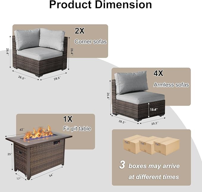 7 Pieces Patio Furniture Set with 44" Fire Pit Table, Rattan Outdoor Sectional Conversation Sets, All Weather Outdoor Furniture Set with Cushions for Garden Lawn Balcony Porch Deck, Grey