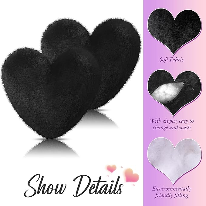 Marsui 2 Pcs Heart Throw Pillows, Soft Fluffy Faux Fur Decorative Hearts Shaped Pillows for Living Room Sofa Bed, Cute Heart Themed Gift for Women(Black,11.81 x 11.02 Inch)
