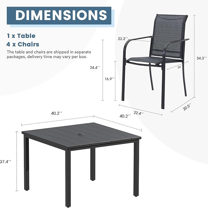 DIFY 5 Pieces Outdoor Patio Dining Set for 4, 40.2" Black Square Metal Dining Table and 4 Grey Stackable Textilene Patio Chairs, Outdoor Table and Chairs for Backyard Garden Poolside - Image 8