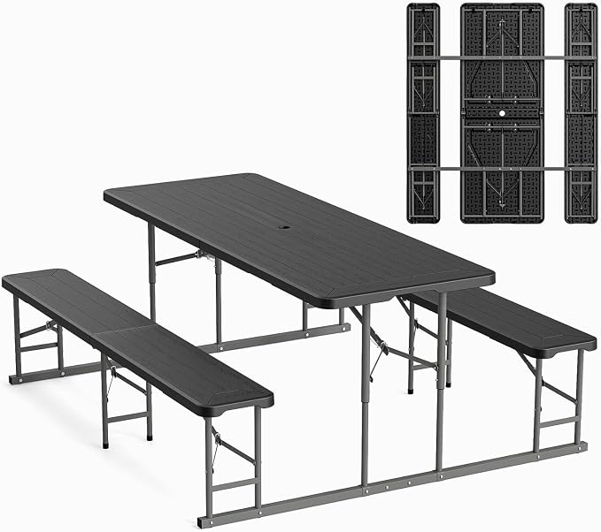 VINGLI Folding Picnic Table and Bench Set, Portable Outdoor Dining Furniture for Camping, Patio, Backyard, Wood Grain Plastic Top with Metal Frame (Black) by VINGLI