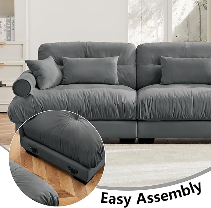 KEIKI 166" Oversized Velvet Modular Sectional Sofa with High-Density Foam Cushions and Bolstered Armrests, Upholstered Modern Style 4-Seater Cloud Couch with 6 Pillow, for Apartment, Living Room, Grey