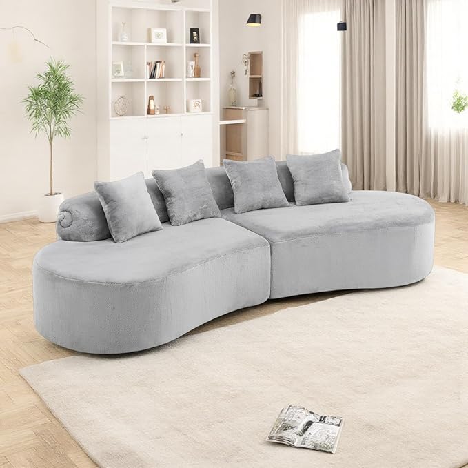 Curved Multi-Seater Sofa, Modern Modular Sofa with Cylindrical Backrest & 4 Coordinating Pillows, 111'' Flannelette Leisure Combination Couch with Ergonomic Design for Living Room, Light Grey