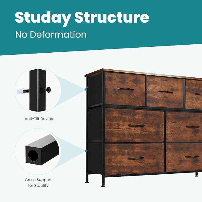 OLIXIS 7 Drawer Dresser for Bedroom, Wide Fabric Storage Tower with Wooden Top and Metal Frame, Closet Chest Organizer Furniture, TV Stand for Living Room Hallway, Rust Brown - Image 7