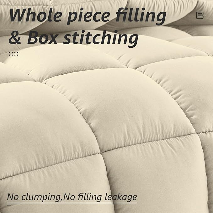 HYLEORY All Season Queen Size Bed Comforter - Cooling Down Alternative Quilted Duvet Insert with Corner Tabs - Winter Warm - Machine Washable - Beige
