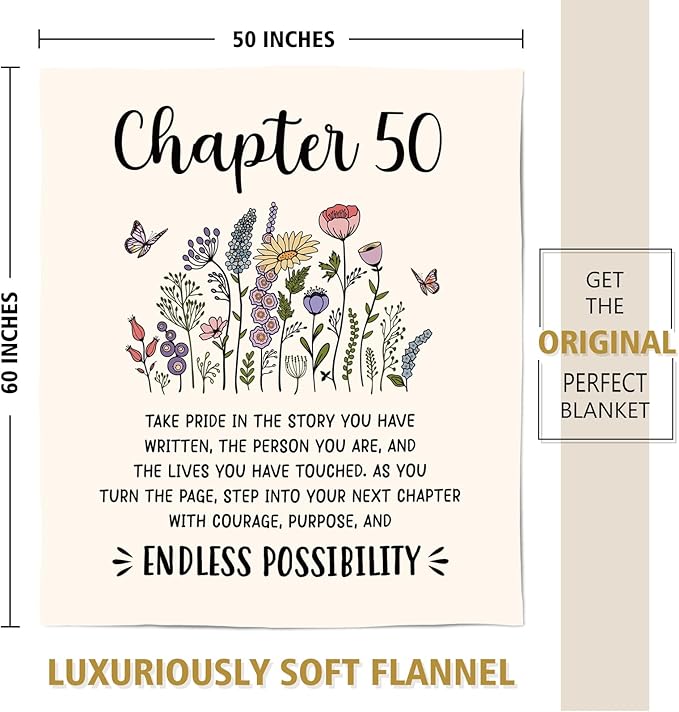 Afterprints 50th Birthday Gifts for Her, Him, Chapter 50 Birthday Blanket, 50 Year Old Bday Gifts for Women Friend, Sister, Mom, 1976, 50th Birthday Decorations, Turning 50 Throw Blankets 50'' x 60''