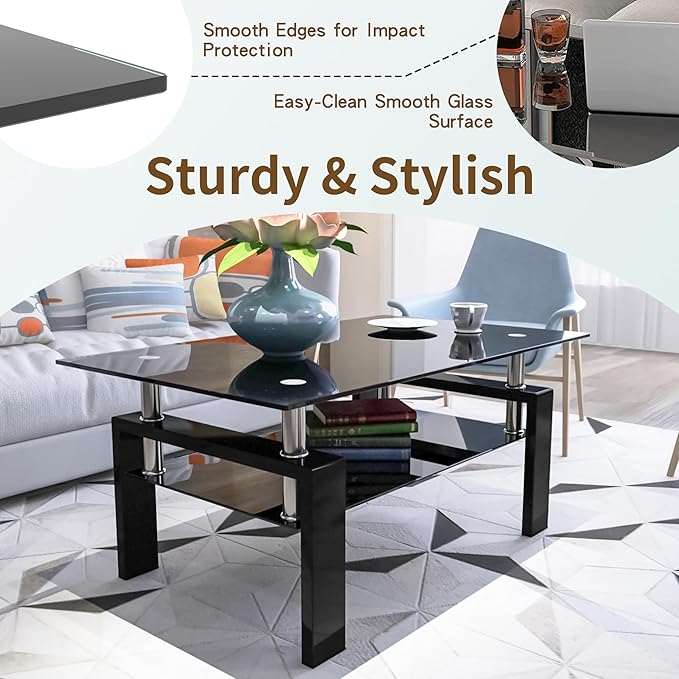 38.6'' Rectangle Glass Coffee Table, Black Coffee Table with Tempered Glass & Metal Legs, 2-Tier Modern Center Table with Storage Shelf, Black Glass Coffee Tables for Living Room, Apartment, Office