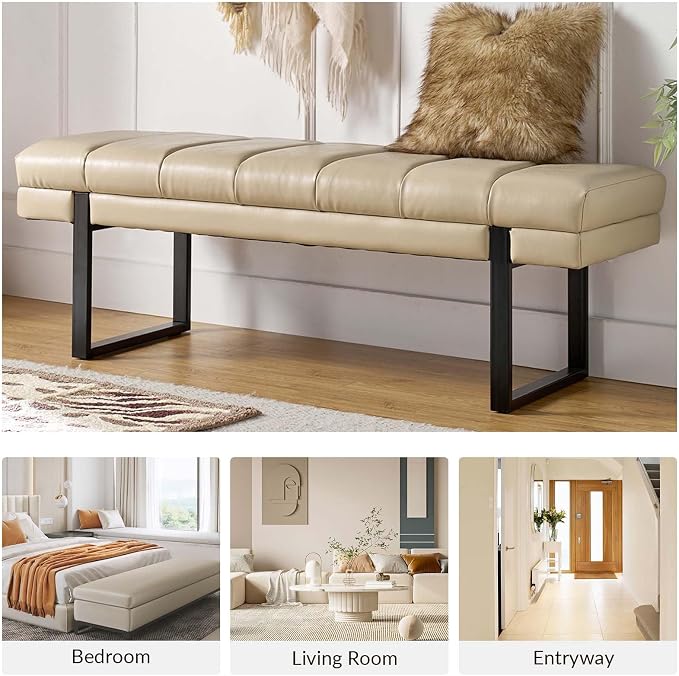 HULALA HOME 53" Faux Leather Entryway Bench, Button Tufted End of Bed Bench Ottoman for Bedroom, Living Room with Metal Base,Beige - Image 8