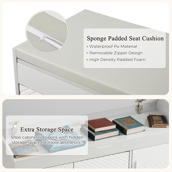 ECOTOUGE Storage Bench, Shoe Bench with Lift Top Storage, Entryway Bench with Cushioned Seat, Adjustable Shelf for Living Room, Bedroom, Hallway, Light Grey - Image 3