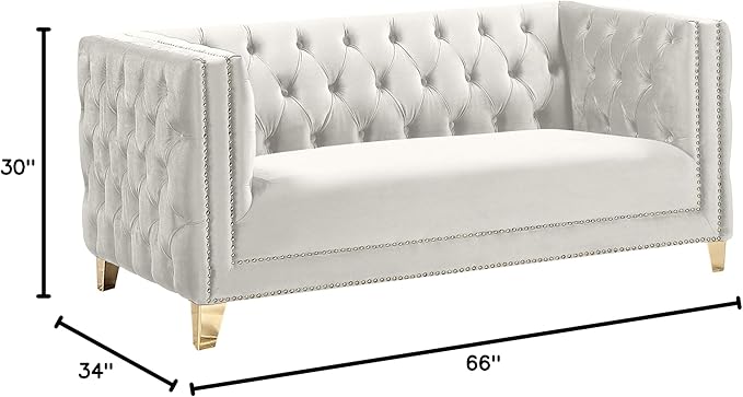 Meridian Furniture 652Cream-L Michelle Collection Modern | Contemporary Loveseat with Deep Button Tufting, Gold Nailhead Trim and Sturdy Gold Iron Legs, Cream Velvet, 66" W x 34" D x 30" H