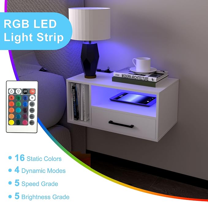 Floating Nightstand with Charging Station and LED Light Strips, 21.3" Night Stand with Drawers, Floating Bedside with USB Ports and Outlets, Bedroom Furniture - Image 6