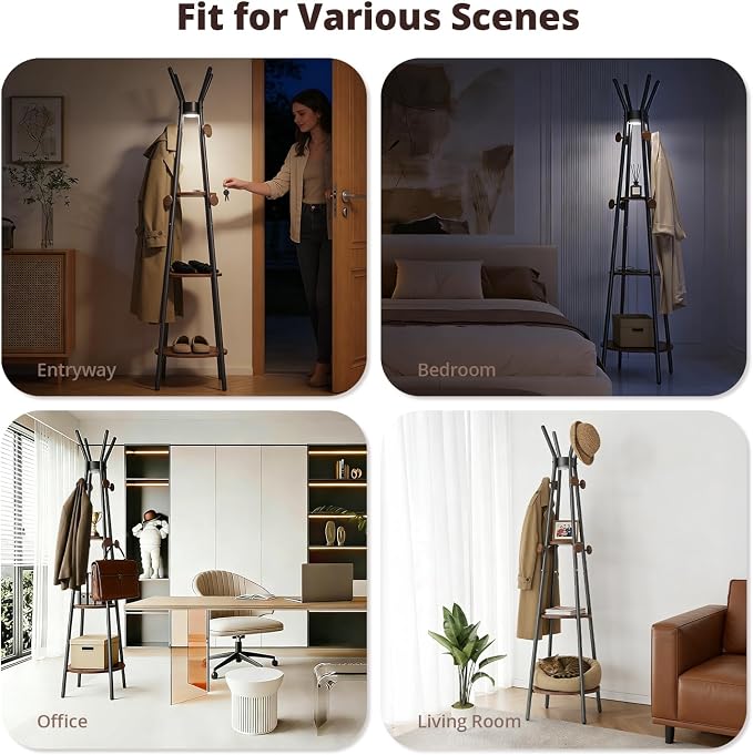 young master Coat Rack, Freestanding Coat Rack with 3 Shelves and 12 Hooks, Coat tree with Motion Sensor Light for Entryway, Livingroom, Hall Tree Free Standing for Coats, Scarves, Handbags, Black - Image 8