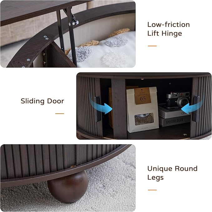 Round Lift Top Coffee Table with Hidden Storage, 33.5'' Mid-Century Modern Fluted Coffee Table with Sliding Tambour Door & Solid Wood Legs, Circle Center Table for Living Room, Small Space (Black)