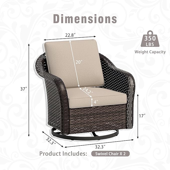 Outdoor Wicker Swivel Chair Set of 2, All-Weather Use Patio Rattan Chair with Seat and Back Cushion, Ideal for Porch, Backyard, Balcony, Poolside, Beige