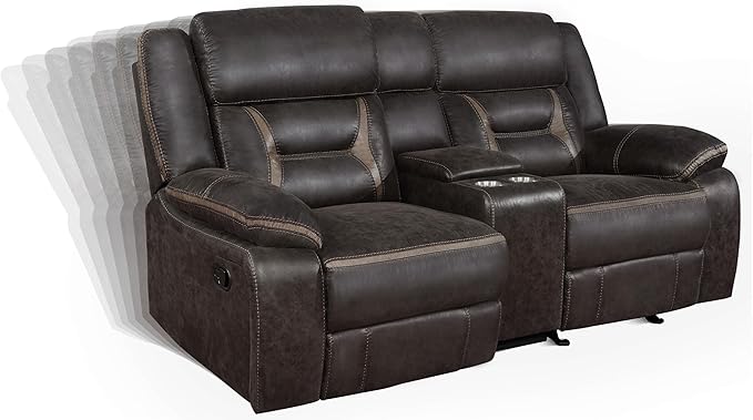 Coaster Home Furnishings - Greer - Faux Leather Upholstered Motion Reclining Loveseat with Console, Lift-Top Container, and Built-in Cupholders - Living Room & Home Theater - Brown - 651355