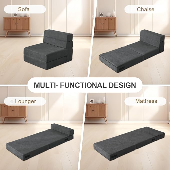 Folding Sofa Bed Single Size with Pillow Memory Foam Convertible Sleeper Chair Floor Couch Futon Lazy for Living Room Home Office Guest Beds Apartment Upstairs Loft, Dark Gray