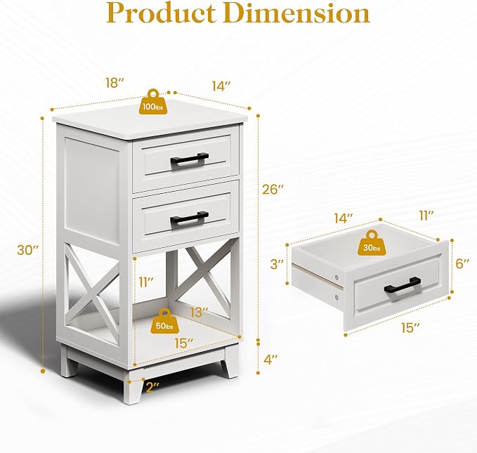 May in Color White Nightstand, Tall Side Table with 2 Drawers and Open Shelf, Bedside Table with Solid Feet, Modern Night Stand End Table for Bedroom, Home Office, White - Image 3