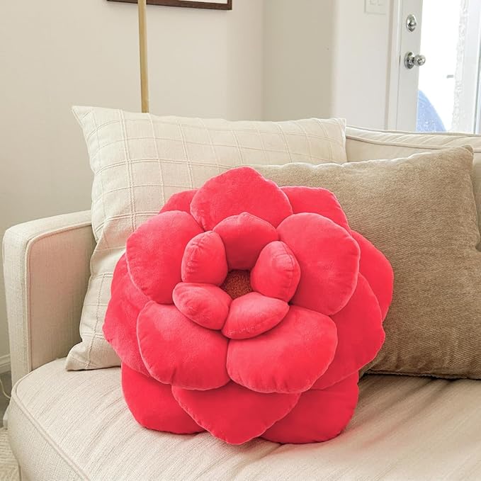 Green Philosophy Co. Camellia Plush Flower Pillow – Large Soft 3D Flower Shaped Throw Pillow, Neon Coral Decorative Pillow for Couch & Bed, for Plant Lovers