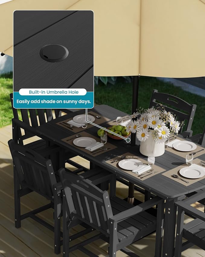 Ciokea HDPE Outdoor Dining Table with Umbrella Hole,66" Rectangle Patio Table for 6,All-Weather Outdoor Patio Furniture Set for Garden Backyard,Black - Image 5